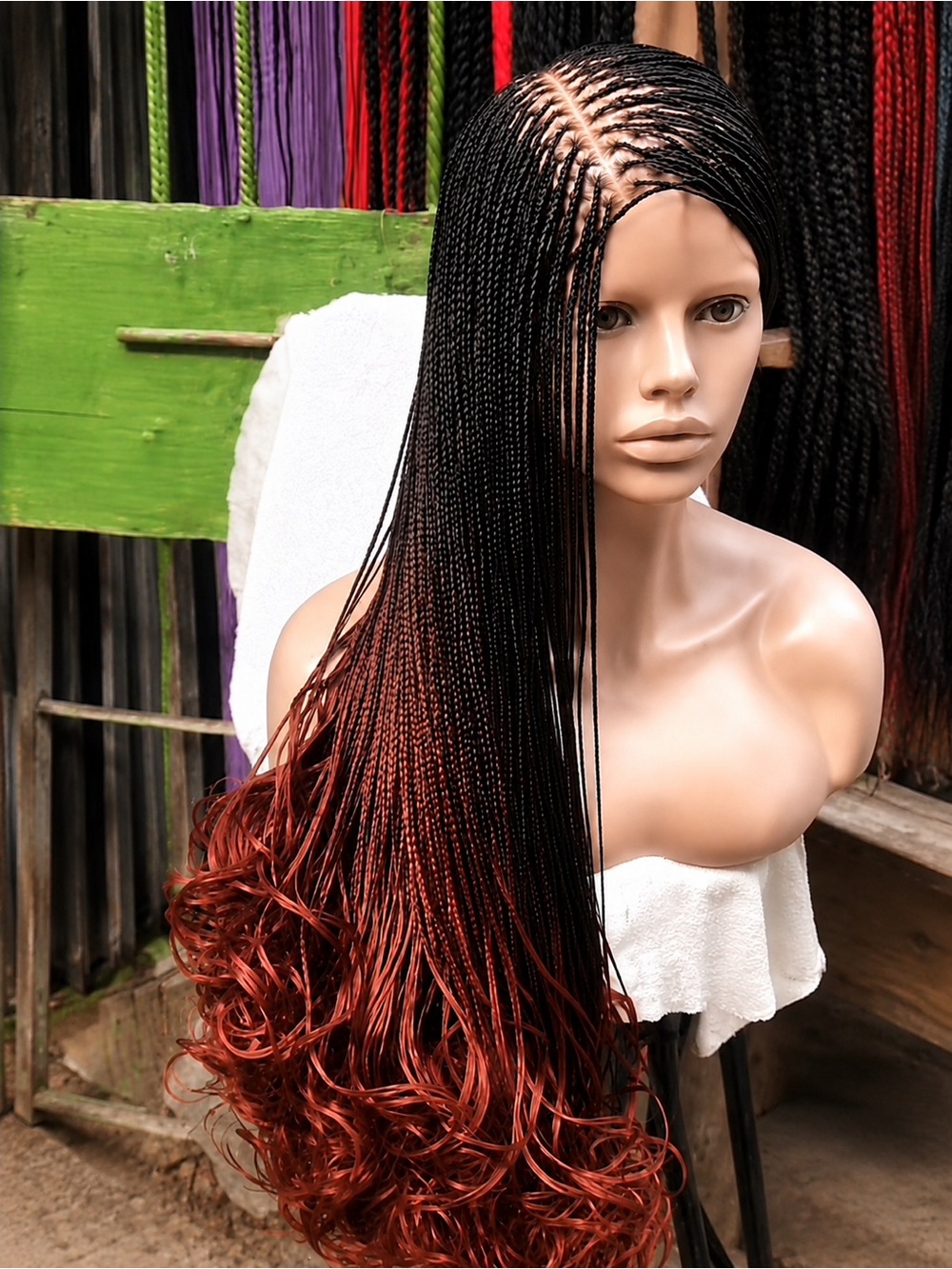 Elegant Black-to-Red Ombre Long Braided Wig with Curly Ends